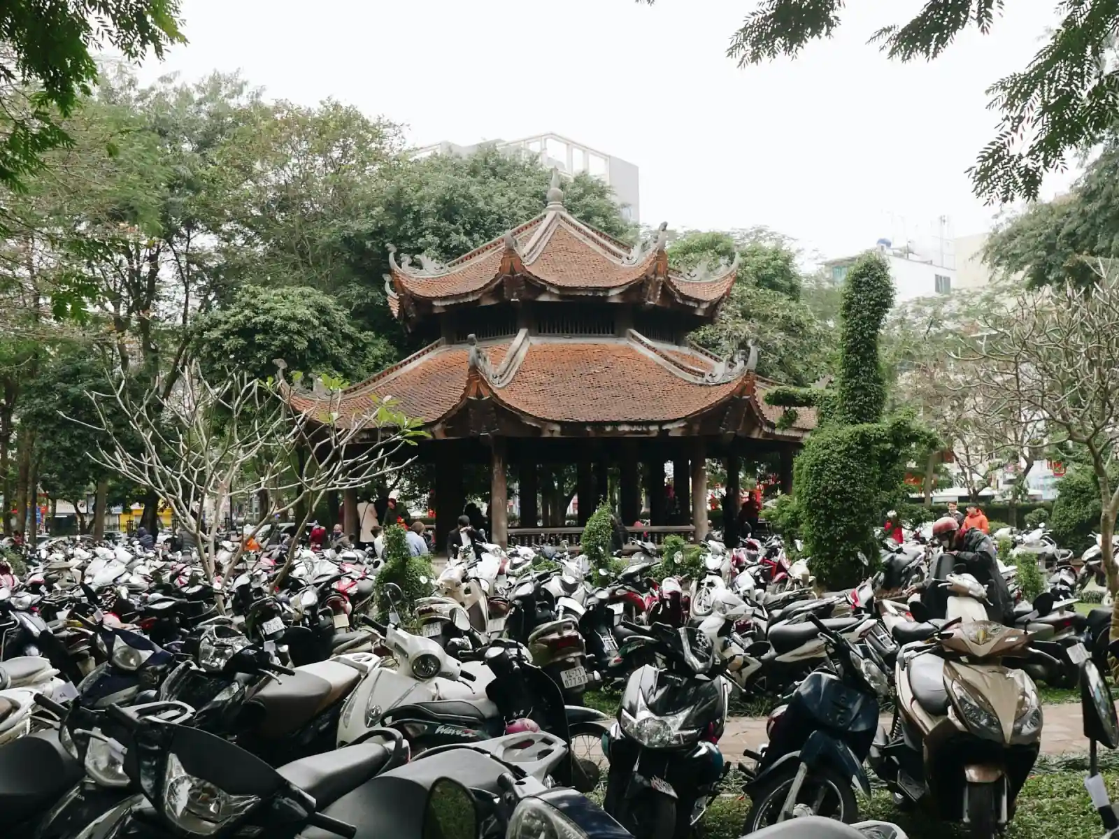 Khu giữ xe máy trong nhà, xe xếp thẳng hàng, có vé xe treo ở cột
